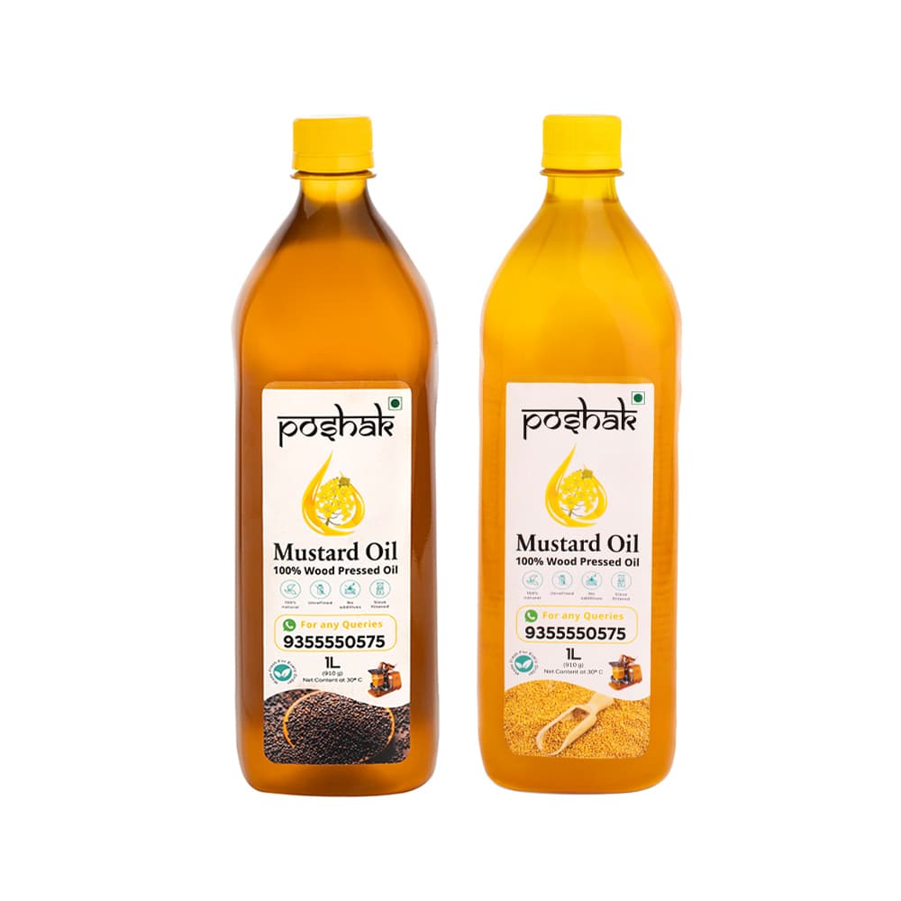 Poshak Yellow and Black Mustard Oil bottles