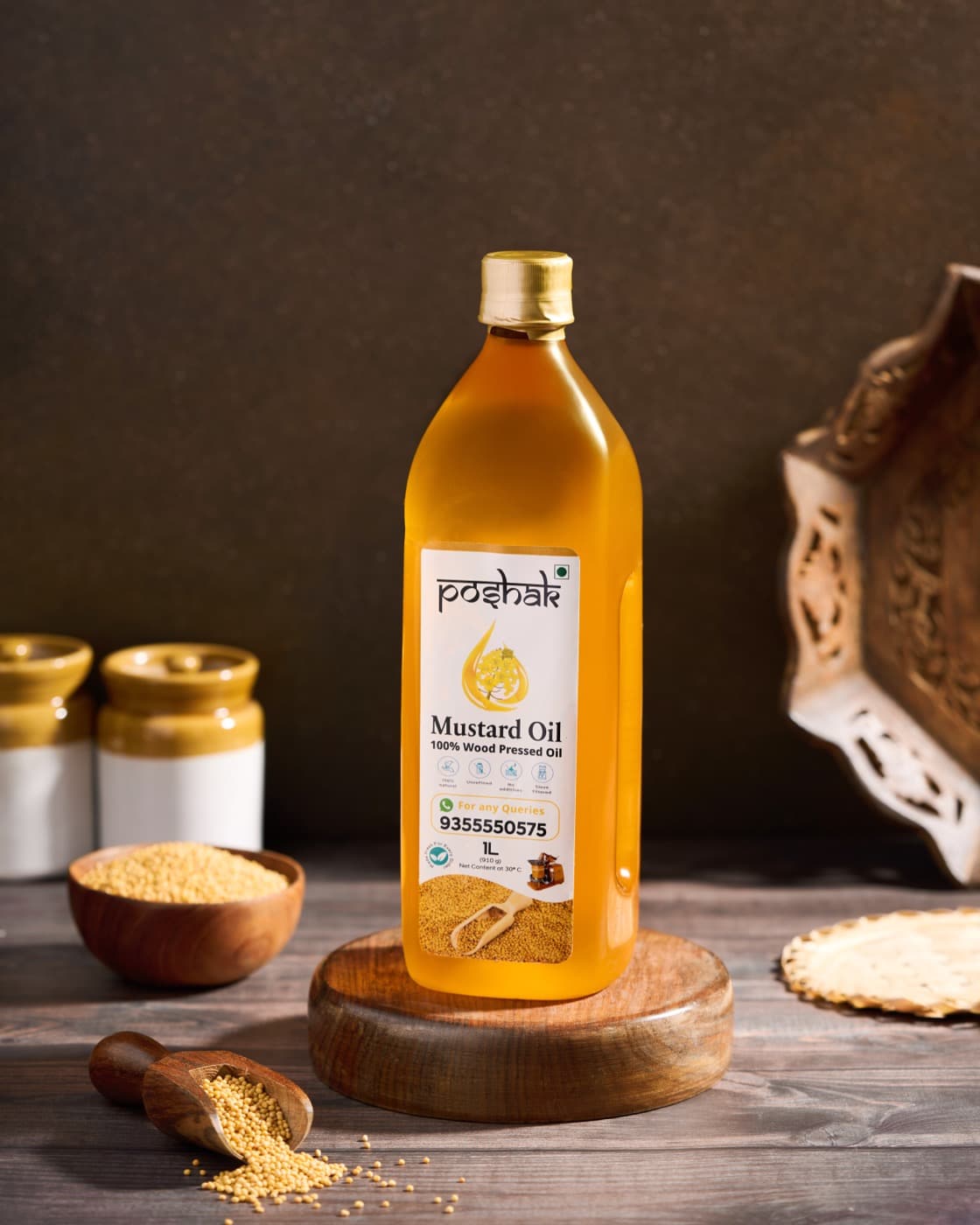 Poshak Mustard Oil bottle with mustard seeds